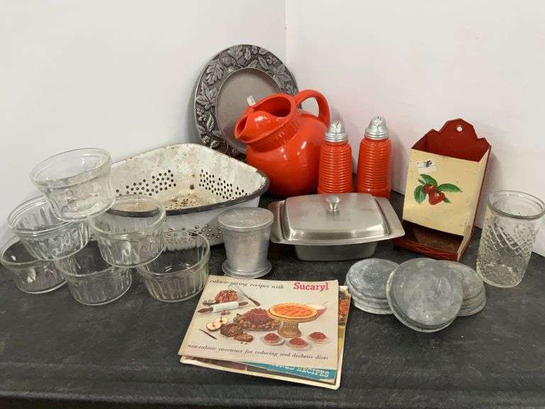 Enamelware Strainer, Orange Salt And Pepper Shakers, Match Holder, Custard 