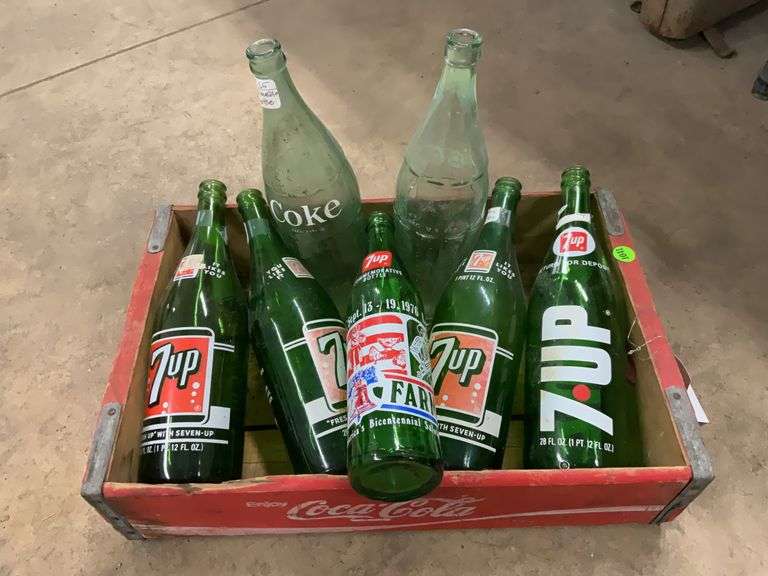 Coca-Cola Wooden Bottle Carrier, Assorted 7UP And  Coca-Cola Bottles