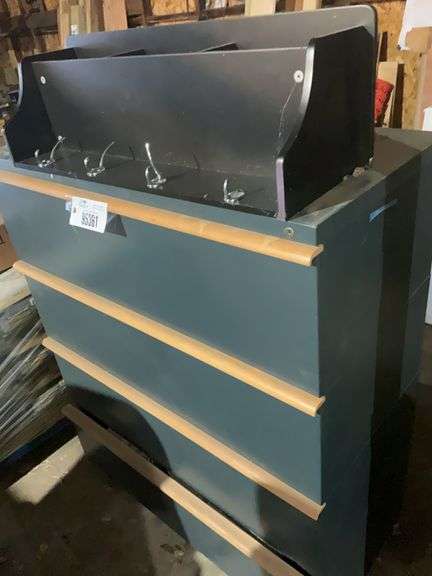Metal framed drawer filing cabinet(with tools and contents), wall rack – lo