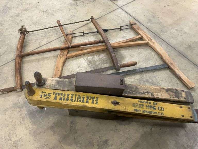 (2) Vintage Corn Planters, (2) Vintage Bow Saws