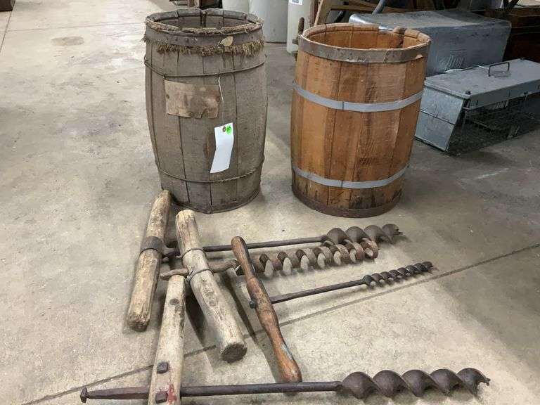 (2) Vintage Nail Kegs With (4) Vintage Hand Augers