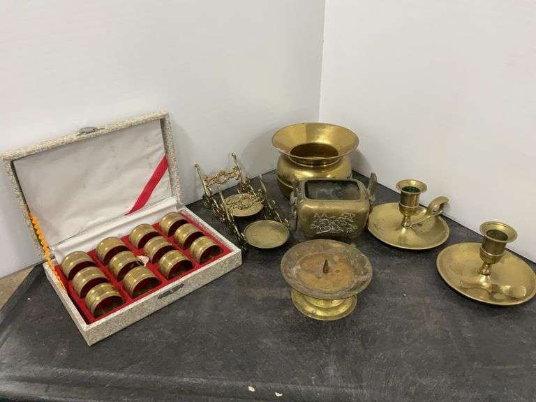 Brass Spittoon, Brass Napkin Rings, Brass Candleholders