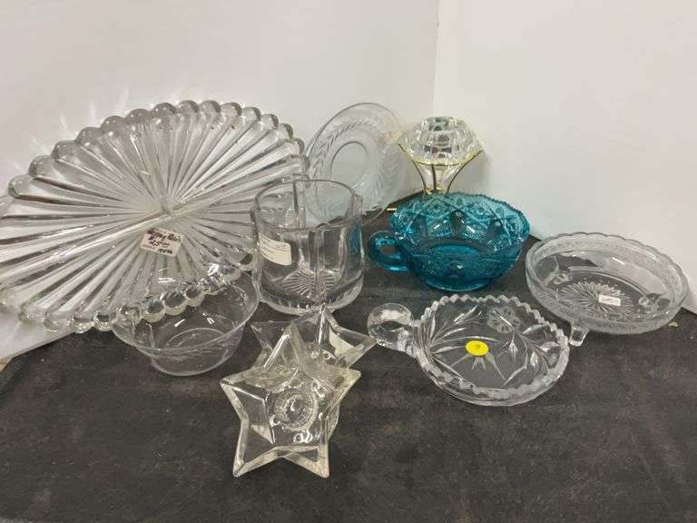 Assorted Cut Glass Items, Spooner, Candle Holder, Blue Depression Glass