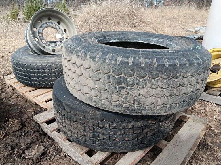 (3) 385/65 R22.5 Tires, (2) Aluminum 10 Bolt Rims