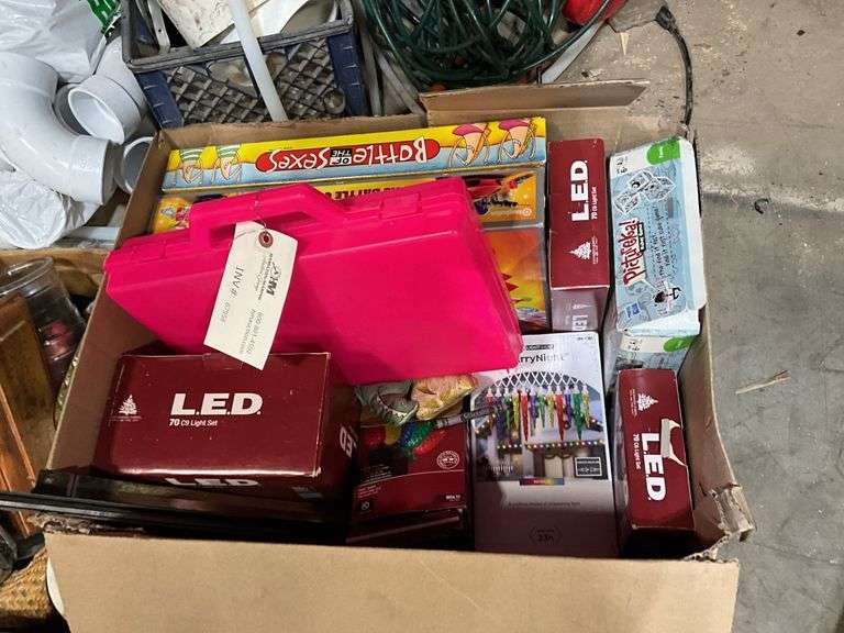 (2) Boxes Containing - Christmas Lights, Board Games, Household Items