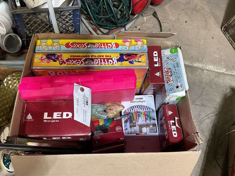 (2) Boxes Containing - Christmas Lights, Board Games, Household Items