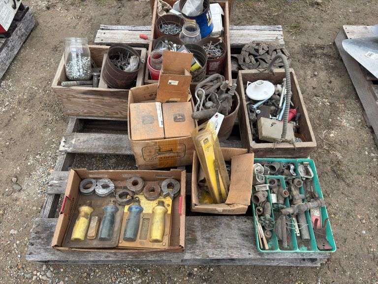Pallet of Assorted Hardware, Hydraulic Stops, Hydraulic Easy Ends, John Dee