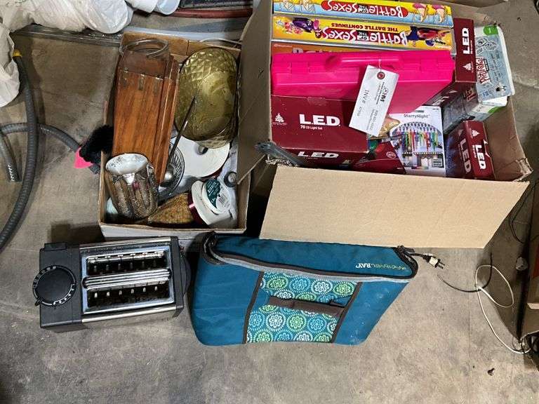(2) Boxes Containing - Christmas Lights, Board Games, Household Items