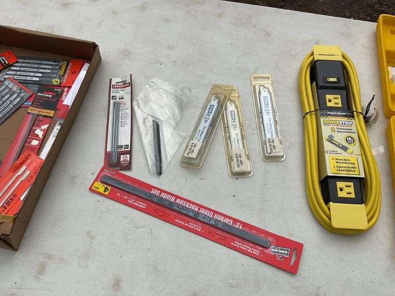 Flat of jig saw blades, forestner bit set & misc