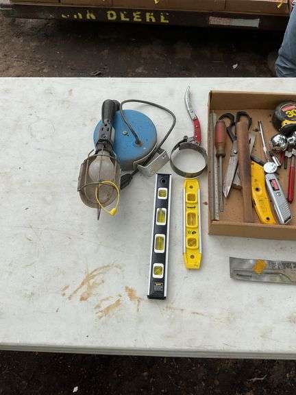 Flat with treble light, tape measure, craftsman digital torpedo level, misc