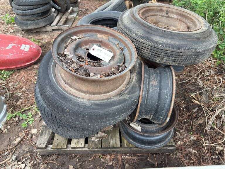 Assorted rims and tires - 5 and 6 bolt, 14” and 15” tires