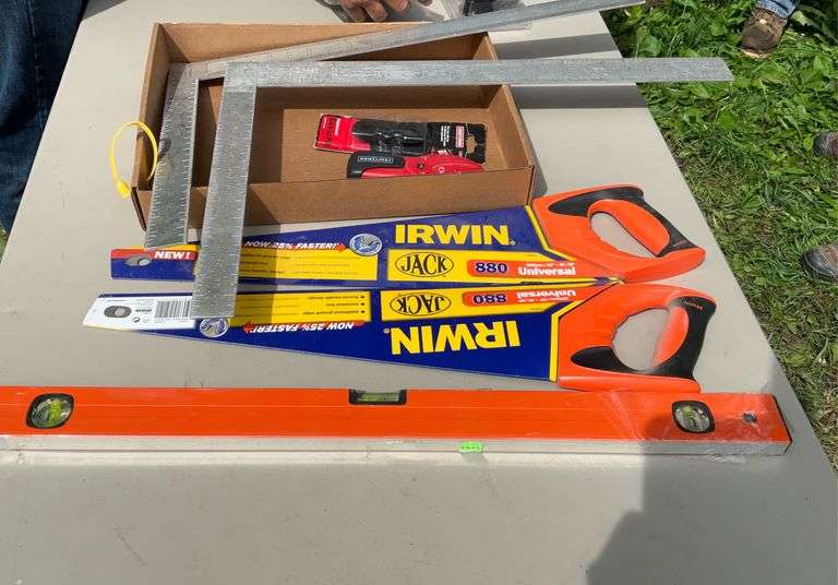 Flat of hand saws, carpenter squares & levels