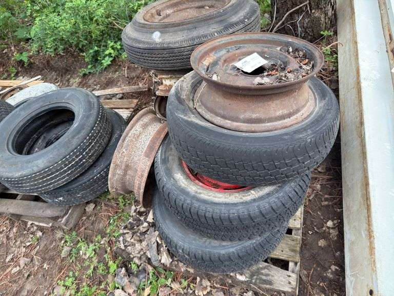 Assorted rims and tires - 5 and 6 bolt, 14” and 15” tires