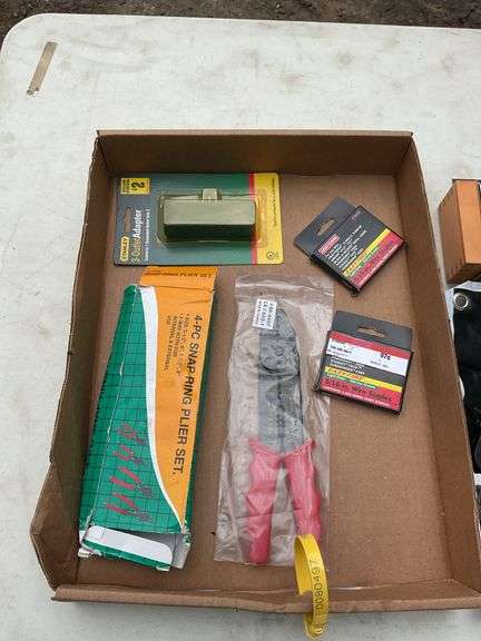 FLat of router bits, wire tool, snap ring tires, road triangles