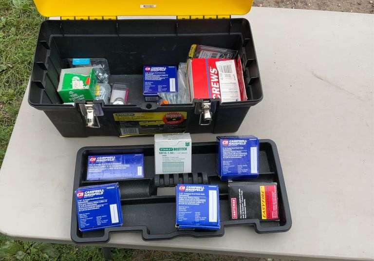 Stanley tool box w/misc staples & screws & tote w/misc screws & nails