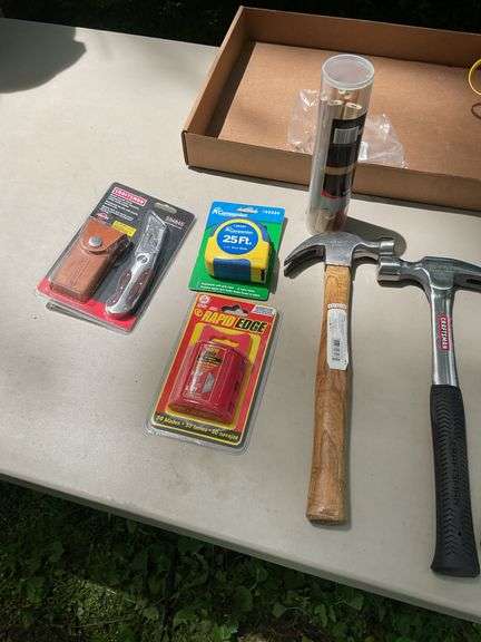 Flat of Tape measure, pencils, rapid edge, utility knife