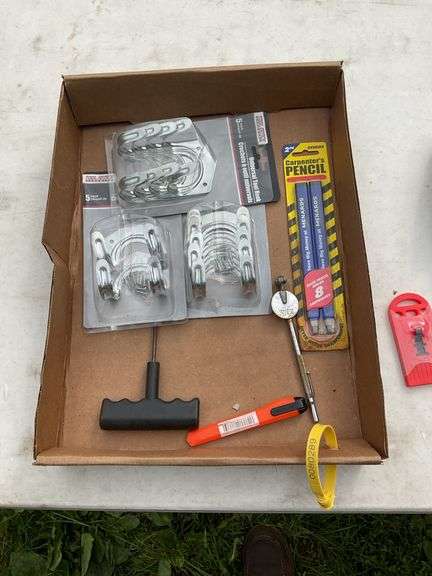 Flat w/universal tool hooks, plastic scrapers, carpenters pencils