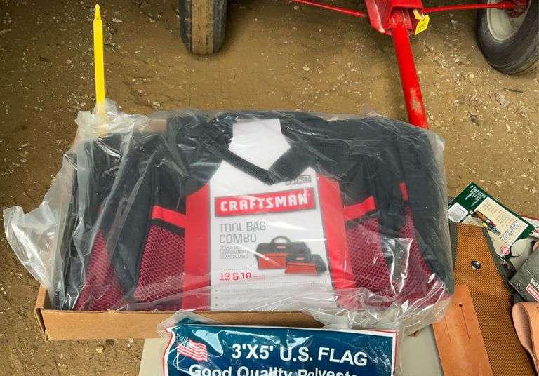American flag, knife holder, carpenters belt, tool bag, and plier holder