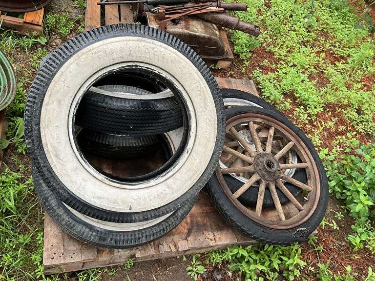 (4) 7.00-16 White Wall Firestone Tires, Wooden Spoked 30” Rim with Tire