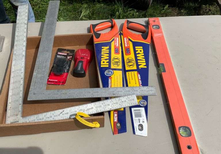 Flat of hand saws, carpenter squares & levels