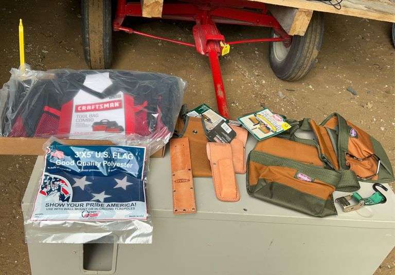 American flag, knife holder, carpenters belt, tool bag, and plier holder