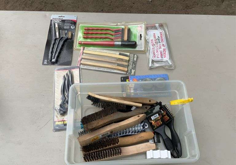 Tote of wire brushes, toggle pliers