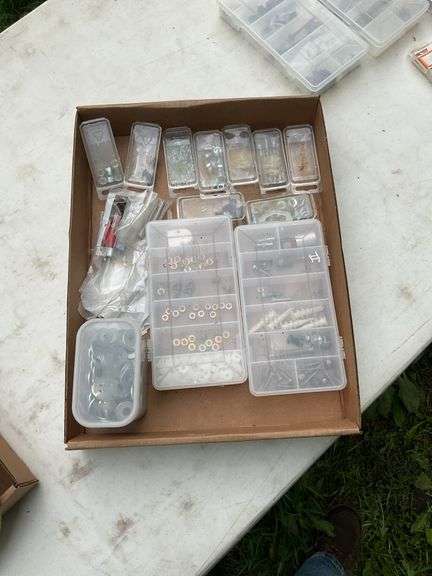 Flat of storage boxes w/contents & misc nuts & washers
