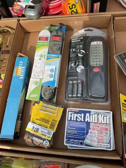 Flat of craftsman 21pc drill & drive set, power strips, sheffield 24 LED wo