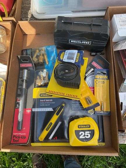 Flat with multi meter, Craftsman bit set, magnetic pick up tool, tape measu