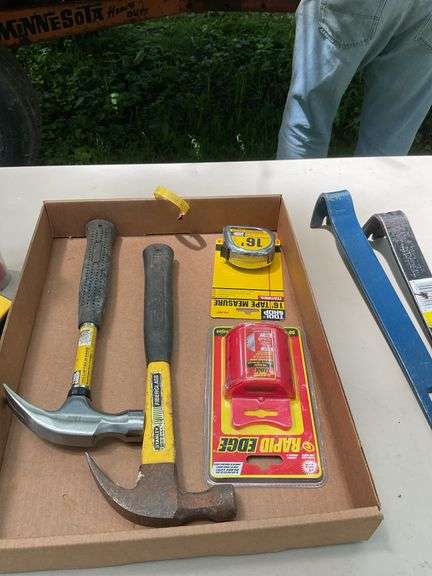 Flat of hammers, bars, chalk lines, razor blades, carpenter pencils