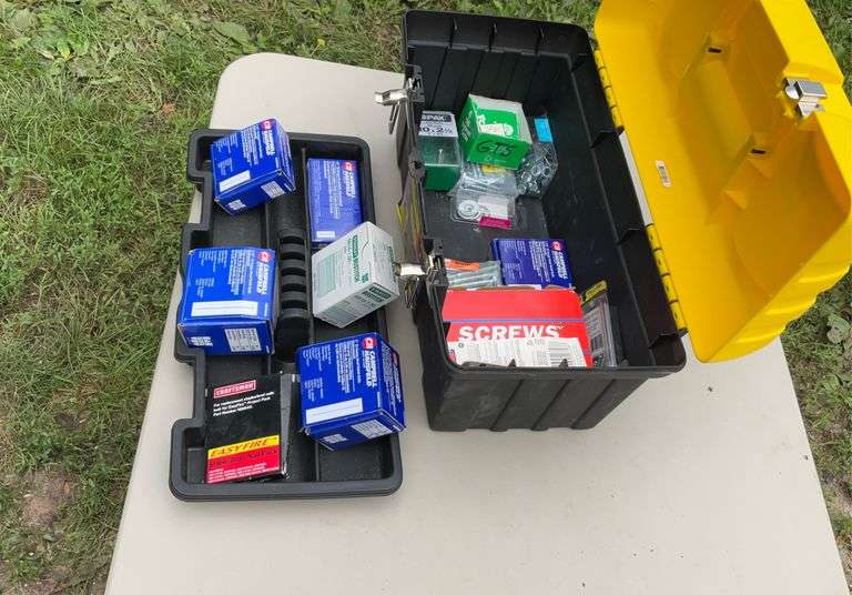 Stanley tool box w/misc staples & screws & tote w/misc screws & nails