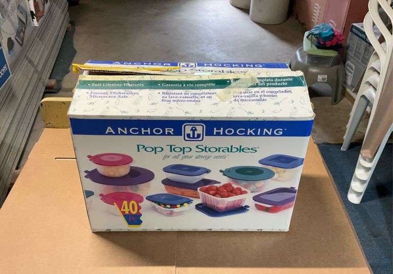 Anchor Hocking pop top storables and kenmore 6 piece stainless steel kitche