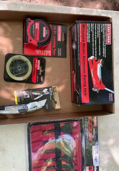 Flat of Craftsman mini model aluminum racing jack, spade bits, tape measure