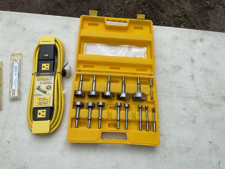 Flat of jig saw blades, forestner bit set & misc