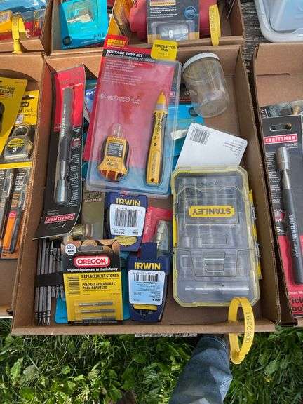 flat w voltage tester, craftsman bit set, magnetic pick up tool, misc conne