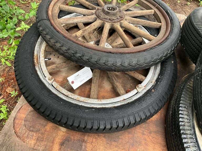 (4) 7.00-16 White Wall Firestone Tires, Wooden Spoked 30” Rim with Tire