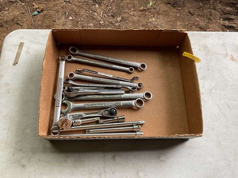 Flat of misc wrenches, socket extensions