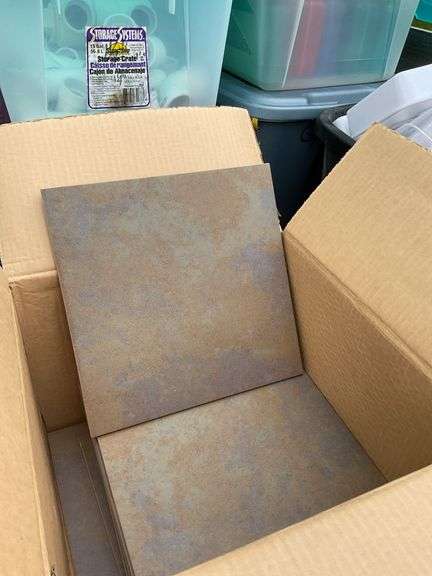 Tote of glass jars & bottles & box of 1x1 ceramic tile