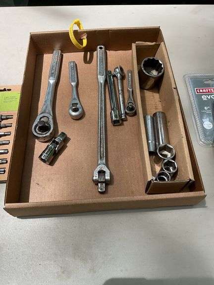 Flat of craftsman 1/2 3/8 1/4 bit, sockets, pliers, knife