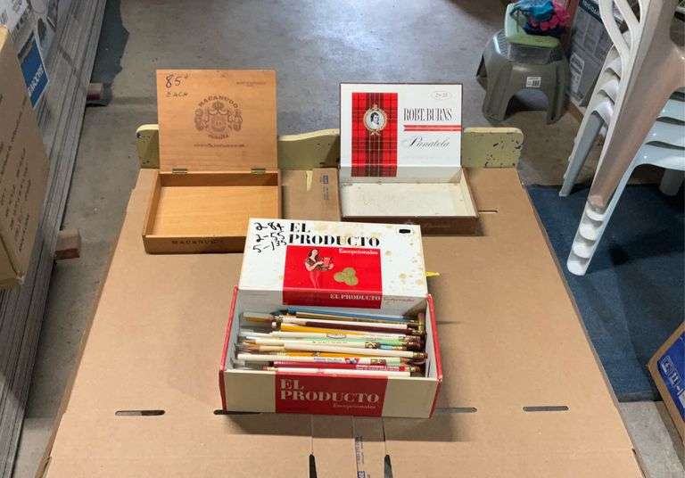 3 cigar boxes and collectible pencils