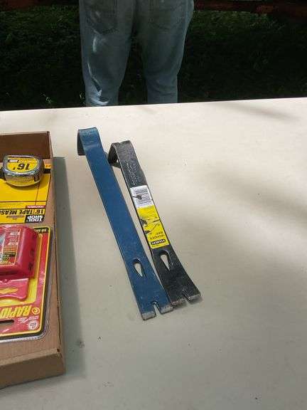 Flat of hammers, bars, chalk lines, razor blades, carpenter pencils