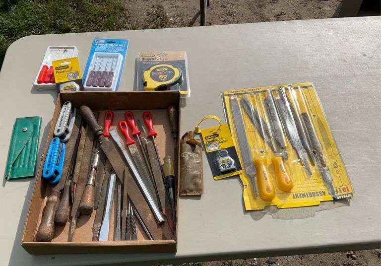Flat with assortment of files, tape measures, hook sets & hex keys