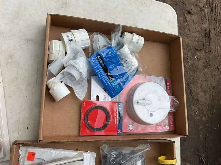 2 flats of misc; smoke detector, cable management channel, ratchet straps;