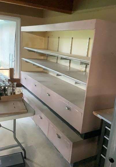 99 in long shelving unit w/ drawers