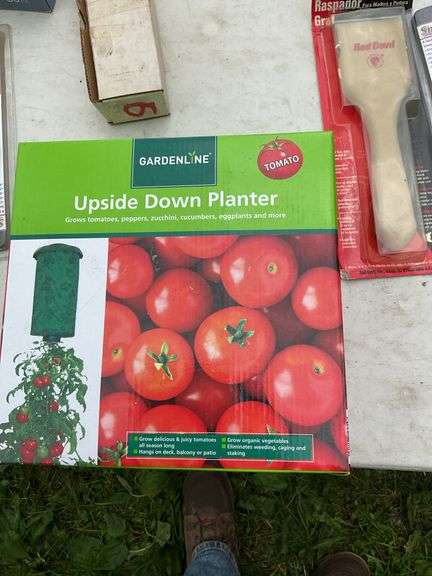 Tote of misc gardening, spickets, brass handles, paint trays