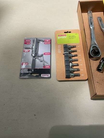 Flat of craftsman 1/2 3/8 1/4 bit, sockets, pliers, knife