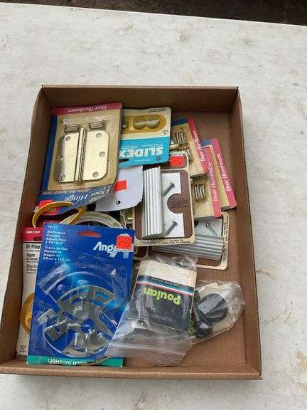 Flat of door hinges, poulan air filters, screen door handles