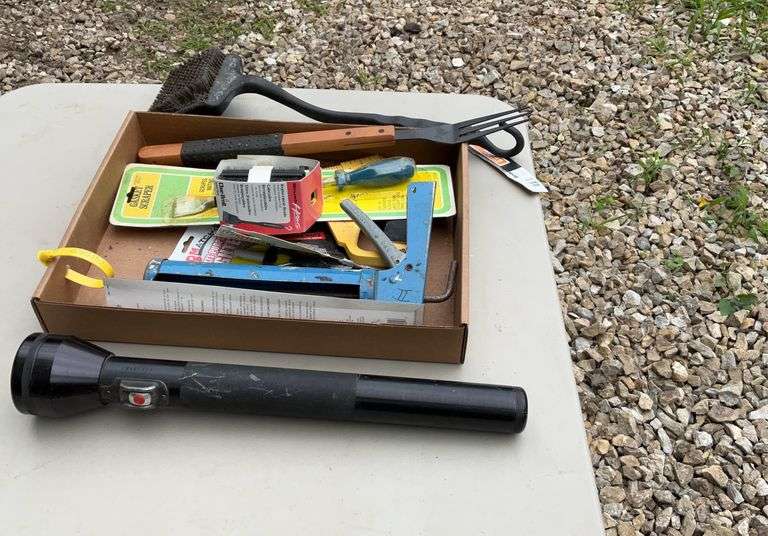 Flat with table saw push shoe, grill lighters, grill tools