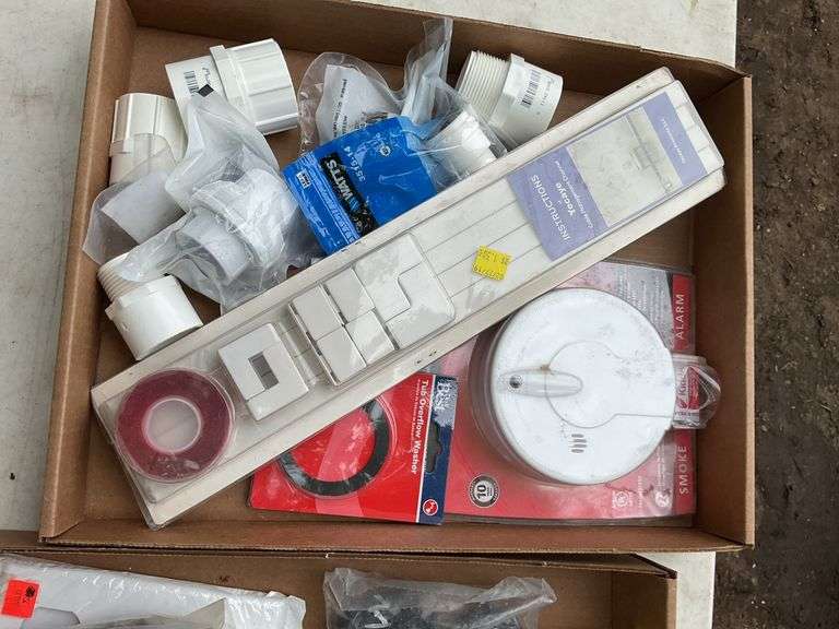 2 flats of misc; smoke detector, cable management channel, ratchet straps;