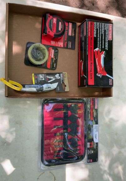 Flat of Craftsman mini model aluminum racing jack, spade bits, tape measure
